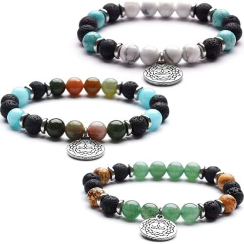 Natural Stone Bracelets Retro Antique Lotus Flower Charm Yoga Bracelets Jewelry Real Lava Agates Turquoises Bracelets Women Male