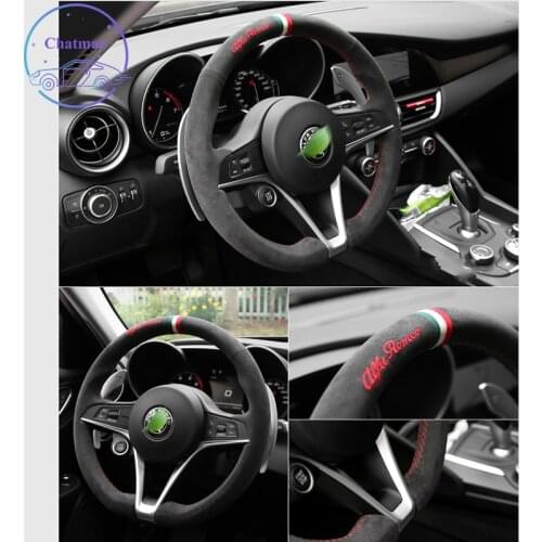 Steering Wheel Cover for Alfa-Romeo 147 156 166 Giulia Stelvio Giulietta Suede Leather Hand Sewing Wrap DIY Stitchwork Holder
