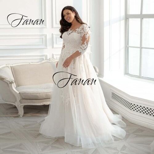 Eleagnt 3/4 Sleeves Tulle Lace Applique Wedding Dress A-Line V-Neck Bridal Gown Plus Size robe de soirée de mariage платье