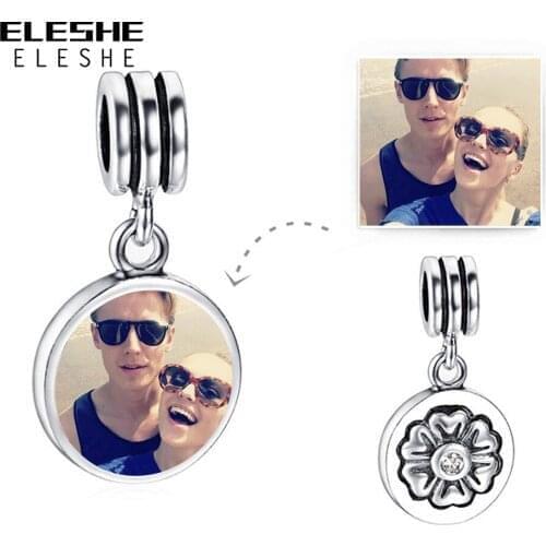ELESHE 925 Sterling Silver Round Custom Photo Charm Fashion Personalized DIY Jewelry fit Original Bracelet for Women