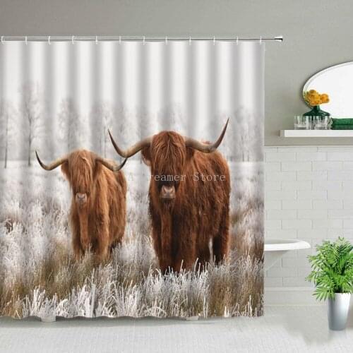 Highland Cows Black Shower Curtains Bath Mat Set Wild Animal Cattle Bathroom Decor Flannel Bathtub Carpet Non-slip Rug Doormat