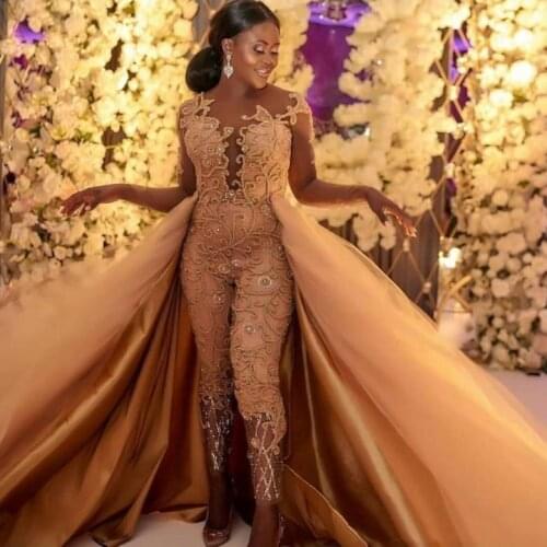 Jumpsuits Long Sleeves Prom Dresses With Detachable Train Lace Appliqued Evening Gowns Luxury African Party Womens Pant Suits