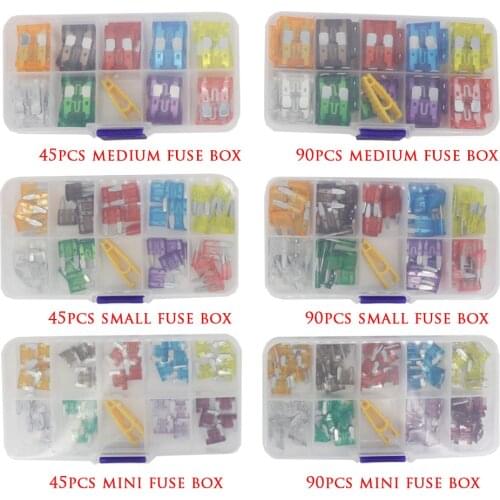 Combination car fuse 45/90PCS mini/small/medium size 5~40A 32V Assortment Automotive Blade Type Fuse with box and clip