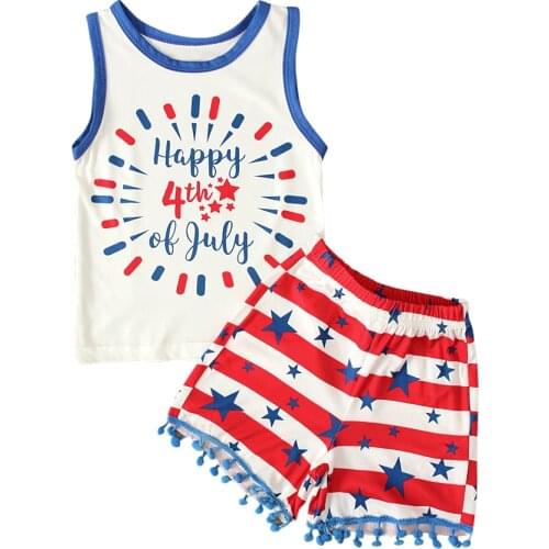 2021-03-17 Lioraitiin 1-5Years 2Pcs Independence Day Little Girls Outfit Sleeveless Letter Top Star Printing Striped Shorts