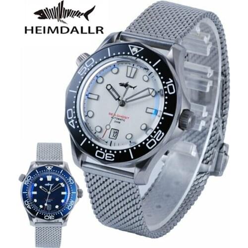 HEIMDALLR Men Diving Watch NH35 Automatic Mechanical C3 Luminous Black Blue White Dial Titanium Sea Ghost 200M Steel Nylon Band
