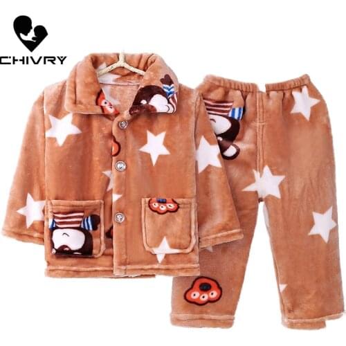 New 2020 Kids Boys Girls Autumn Winter Flannel Warm Pajama Sets Cartoon Print Lapel Tops with Pants Sleeping Clothing Sets