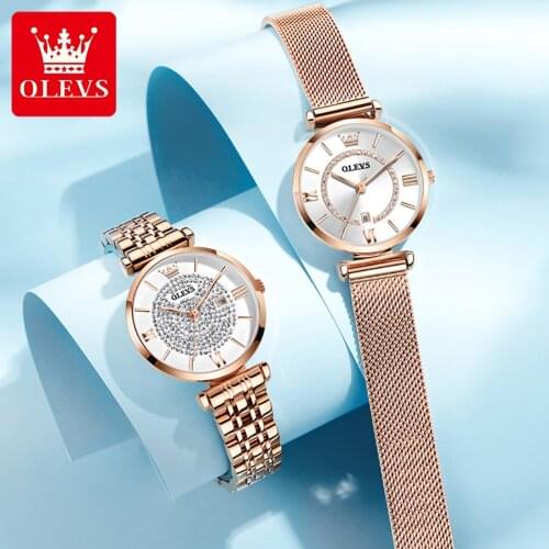 OLEVS New Elegant Womens Watch 2021 Fashion Rose Gold Starry Dial Stainless Steel Strap Quartz Watch Gift Relogiosfeminino 6892