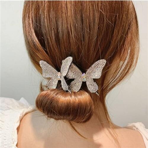 New Full Diamond Butterfly Deft Bun Hair Bands For Women Girls Solid Color Scrunchies Headband Hair Ties Ponytail Holder