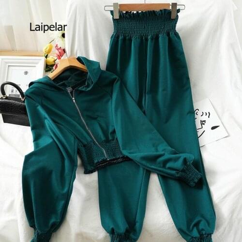 Autumn Fashion Two Piece Set Slim Waist Hooded Sweatershirts + Solid Color Stretch Waist Harem Pants 2021 Suit Women