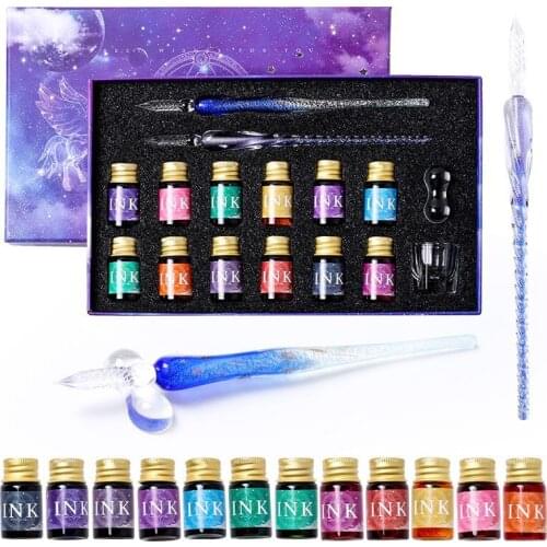 16 Pcs/Box Gradient Glass Pen Starry Sky Glitter Dip Pen Gold Powder 12 Colors Ink Gift Set School Drawing Writing Art Supplies