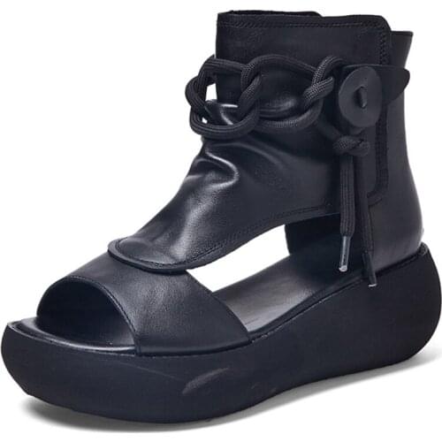 The new summer leather high top peep-toe round head womens shoes retro toplayer cowhide fashion sandals