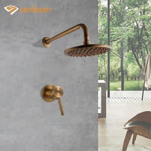 Senlesen Antique Brass Shower Faucets Set Ceramic Porcelain Shower 8 inch Head Wall Mount Dual Knobs Mixer Tap Bath Shower