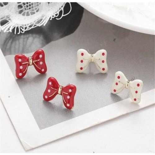 Simple Mini Cute Girl Bowknot Earrings Red White Stud Earrings for Women Creative Temperament Female Jewelry