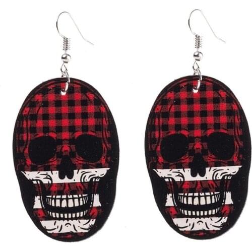 2021 European and American New Products Funny Halloween Red Plaid Skull Pu Leather Earrings Small Gifts Wholesale
