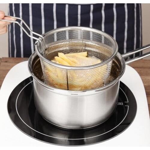 Stainless Steel Fryer Screen French Fries Large Mesh Arc-shaped Foldable Handle Non Stick Frying Fried Mesh Basket Polished