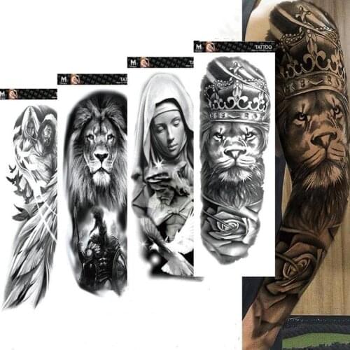Large Arm Sleeve Tattoo Lion Crown Rose Waterproof Temporary Tattoo Sticker Wild Wolf Tiger Men Women Full Skull Totem Tattoo