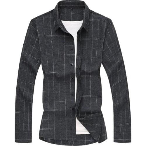 Spring autumn new mens shirt long-sleeved plaid shirt mens business casual shirt fashion plaid black gray plus size 6XL 7XL