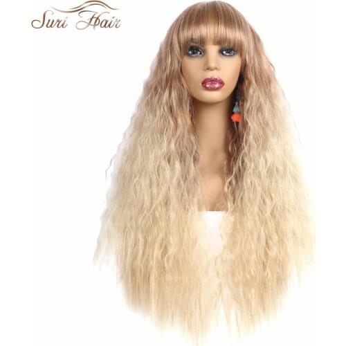 Suri Hair 30inches Long Blonde Mix Wigs With Synthetic Heat Resistant Neat Bangs natural wave Wigs For African American Women
