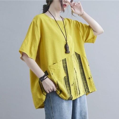 2021 New Arrival Loose Summer T Shirts Thin Soft Cotton Linen Vintage Tshirts Patchwork Oversized Women Casual T Shirts Tees