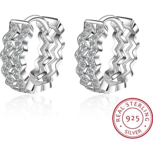 Real 925 Sterling Silver Minimalist Zirconia Round Double Wave Hoop Earrings For Women Party Fine Jewelry Cute Accessories