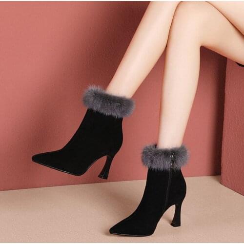 Women Winter Short Boots High-heeled Female Winter Boots Frosted Rabbit Fur Europe and America Plus Women Boots Boots