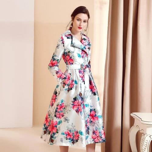 2021 Spring Fall Fashion Womens Female Double Breasted Floral Trench Coat , Womans Clothes Flower High Waisted Duster Coats