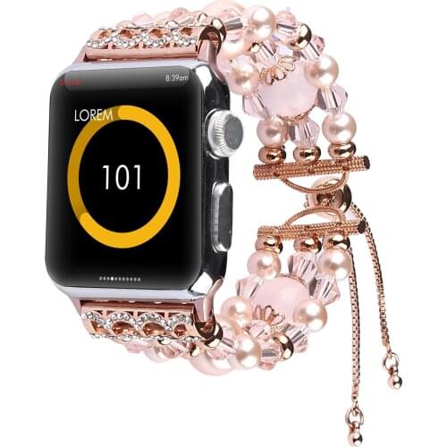 Luxury Woman Elastic Agate Bracelet Strap for Apple Watch iWatch Band 38 40 42mm 44mm Pearl Beaded Wristband Series 5 4 3 2