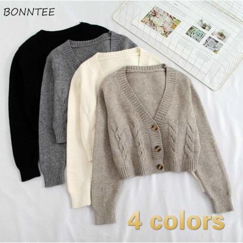 Cardigan Women V-neck Long Sleeve Korean Style Spring Pure Color Button Students Crop Hipster Fashion Causal All Match Simple