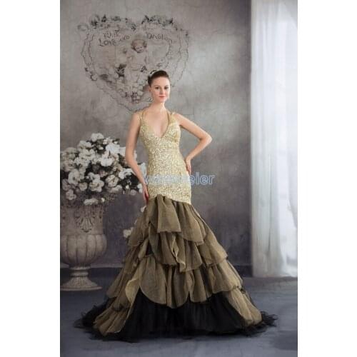 Free shipping 2019 new handmade special occasion gown gold sequined tiered sexy v-neck mermaid Prom bridesmaid Dresses