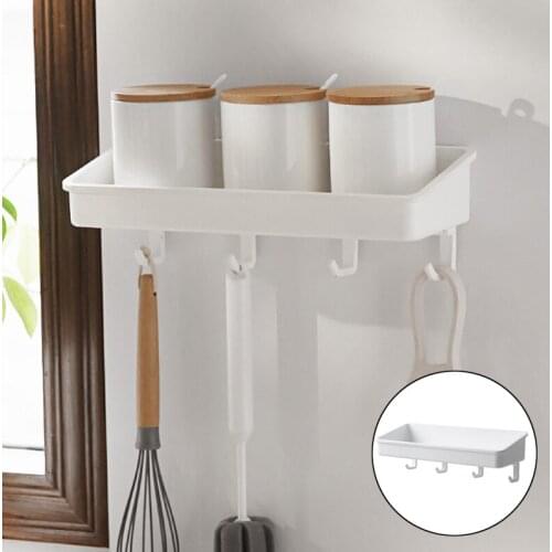 1Pc Wall-mounted Kitchen Shelves Household Seasoning Rack Bathroom Toilet Storage Shelf with Hanging Hooks