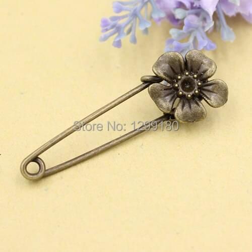 10pcs/lot Alloy Antique Bronze Vintage Flower Brooch Safety Pins For Garment Accessories Scarf Clip pins Length:53mm (K02079)