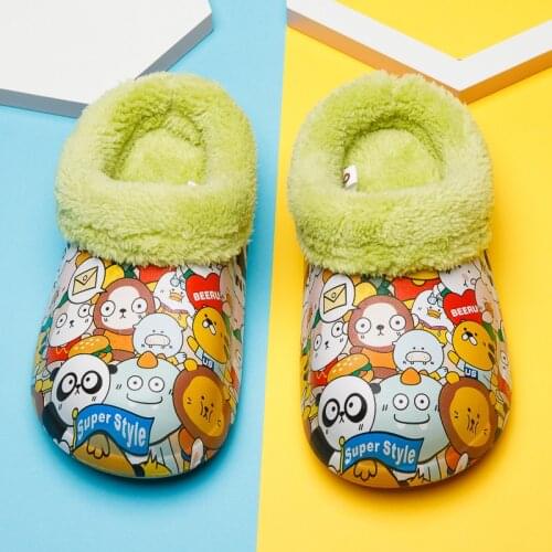 2020 Winter Childrens Cute Cartoon Print Cotton Home Slippers Kids Waterproof Plush Warm Soft Indoor Shoes Boys Girls