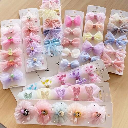 5pc/set Cute Childrens Bow Hair Clips Set Fabric Hairpin Hair Accessories for Girls Lovely Cartoon Flowers Headwear