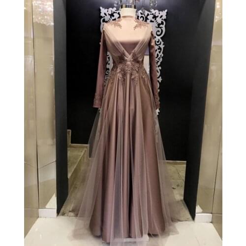 Satin Appliques Muslim Prom Dress 2021 High Neck A Line Long Sleeve Saudi Arabic Evening Formal Party Ball Gowns