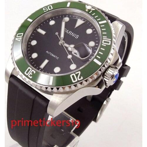 Automatic movement 40mm parnis black dial rubber strap sapphire glass green ceramic bezel mens watch date window PA1056