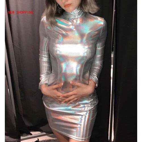 Shiny Metallic Glow Holographic Bodycon Club Dress Sexy Women Harajuku High Neck Long Sleeve Party Silver Dress Rave Outfits New