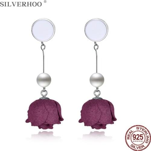 SILVERHOO 925 Sterling Silver Romantic Rose Flower Earrings Dangle For Women Elegant Imitation Pearl Drop Earring Party Jewelry