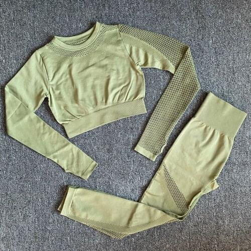 Yoga Set Women Workout Clothes 2PCS Long Sleeve Hollow-out Compression Crop top+Seamless Yoga Leggings GYM Fitness Sport Suit