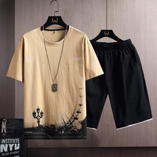 Mens Summer Tracksuit Fashion Short Sleeve Sportswear Ink Print T Shirts+Shorts 2 PC Sets Men Casual Sports Suits Male Clothing