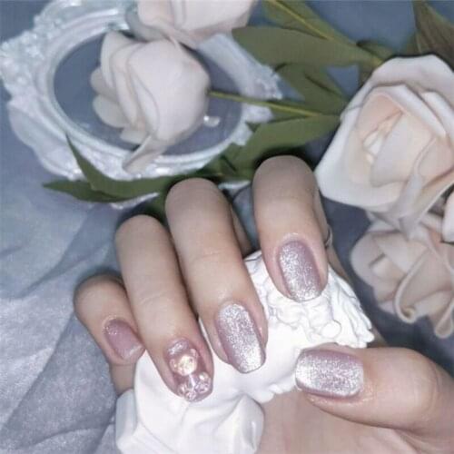 Beautiful Crystal false nails with designs short size fake nails with 3D bear decoration lady full nail tips with glue