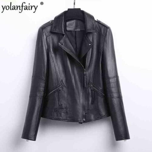 YOLANFAIRY Genuine Leather Jacket Women Real Sheepskin Leather Bomber Jackets Spring Autumn Motocycle Plus Size Coat 1804 MF560