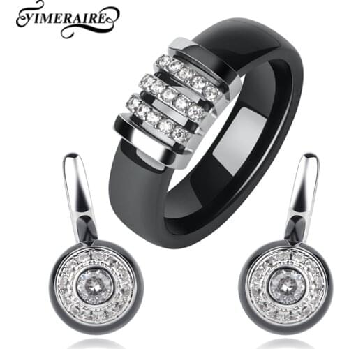 Fashion Ceramic Sets Crystal ring With Round Earrings Black White Unique Jewelry For Women Girls Wedding Engagement Gifts