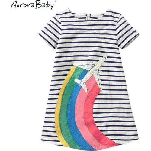 2018 New Summer Girls Cotton Striped Airplane Rainbow Pattern Dress Beach Dress Toddler Baby Girls Dresses children Clothing