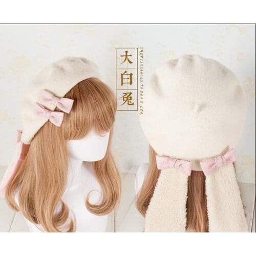 2020 new lolita lop eared rabbit Japanese kawaii girl heart beret visor role playing student Ears Bowknot Hat Handmade Headdress