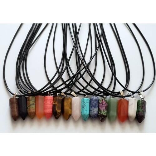 New High Quality Natural Agates Rose Quartzs Crystal Stones Mixed Point Pillar Simple Stylish Pendant Necklace Size 22*9mm