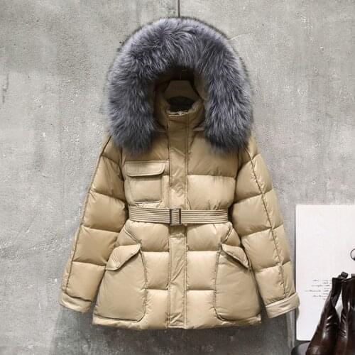 2021 Women Winter Short Down Parka White Duck Down Coat Thick Warm Puffer Jacket Real Natural Fox Fur Female Outwear With Belt