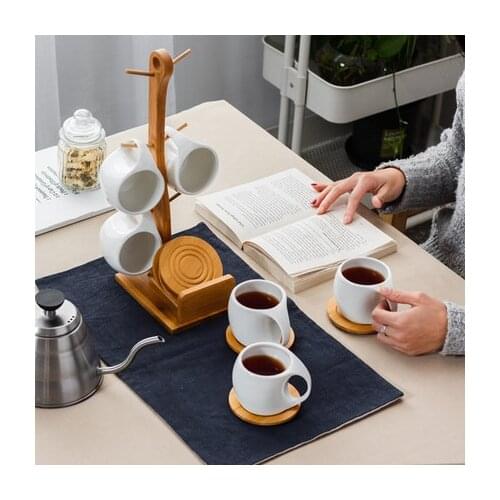 Nordic minimalist ceramic cup six-piece tea cup coffee cup holder non-slip coaster water cup set bamboo and wood bracket combina