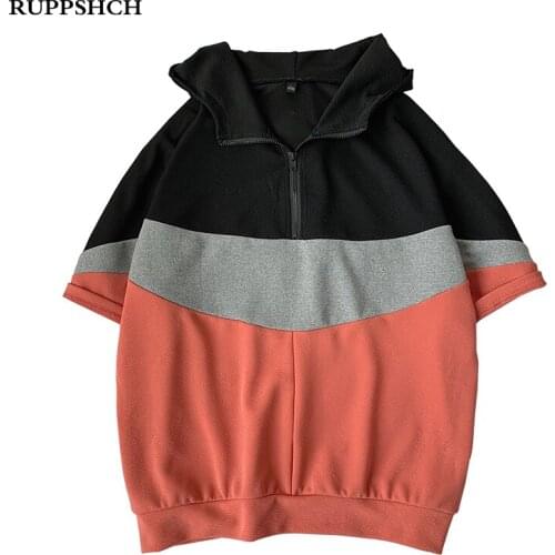 2021 New Men Hooded Short Sleeve Sweatshirt Men Tri-color Stitching Casual Neckline Zipper Short Sleeve Sweatshirt Men Top