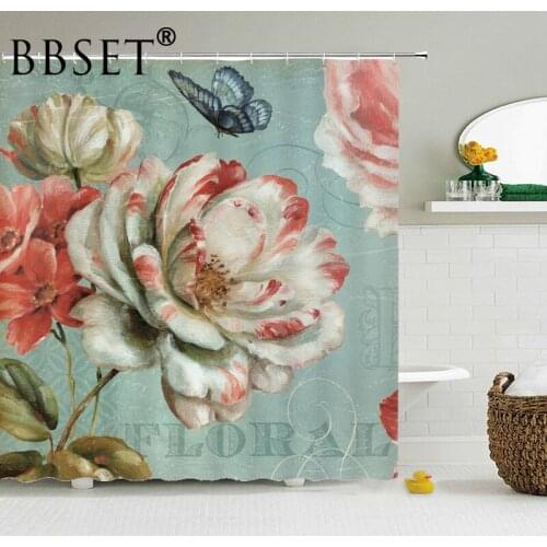 Floral Theme Shower Curtain Butterflies Flying on Flowers Pattern Waterproof Multi-size Douchegordijn Bathroom Decor with Hooks