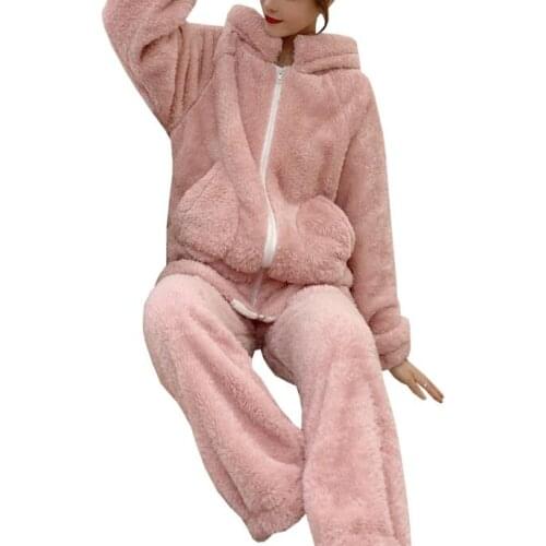 Zoulv 2021 Women Hooded Zipper Section Flannel Pyjamas Warm Sleepwear Female Pajamas Set Autumn Winter New Tracksuit Pajamas